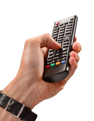 Hand hold tv remote control isolated on transparent layered background. - 586482879