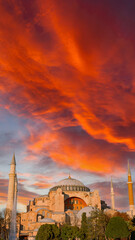 Obraz premium Ayasofya or Hagia Sophia with dramatic clouds at sunset. Islamic concept photo