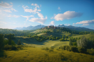 Obraz premium Italian toscana countryside, green hills, peaceful landscape. Ai generative