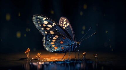Fototapeta na wymiar Beautiful glitter butterfly very close to the water surface. Generative AI