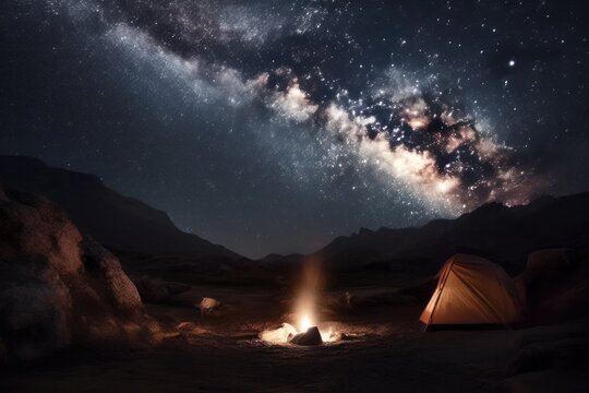 Motion time lapse of night sky milky way camping in the desert. Generative ai