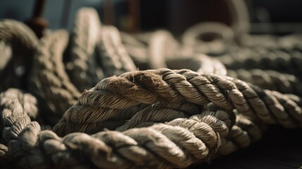Ropes from an old sailing boat, close-up. Generative ai