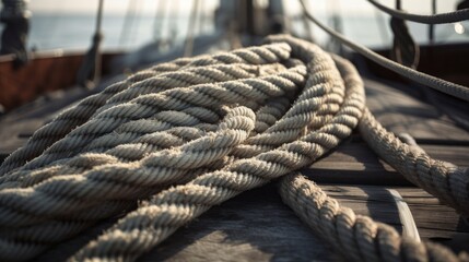 Fototapeta premium Ropes from an old sailing boat, close-up. Generative ai