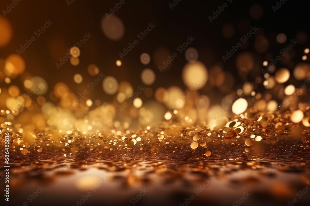 Poster Gold abstract bokeh background. real backlit dust particles with real lens flare. glitter lights. Generative AI