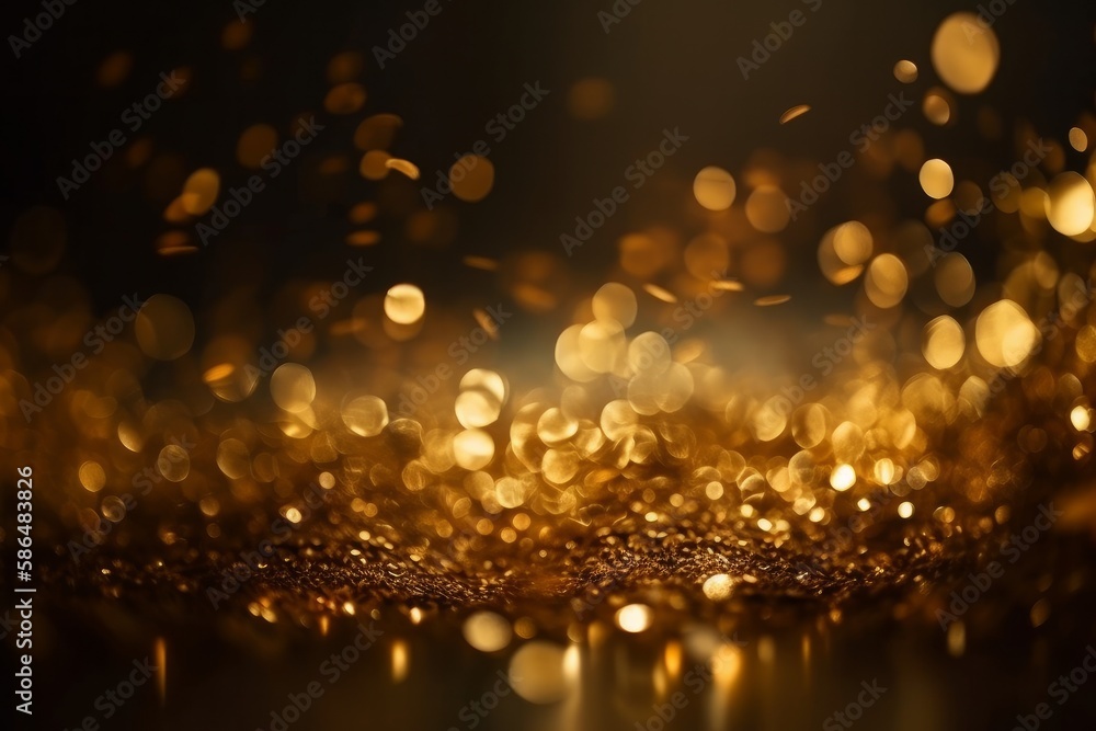 Poster Gold abstract bokeh background. real backlit dust particles with real lens flare. glitter lights. Generative AI
