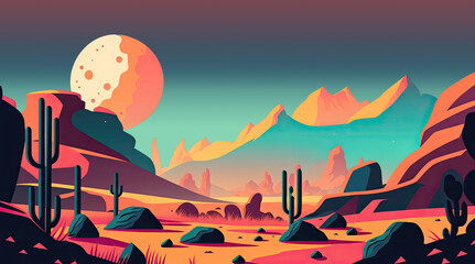 Alien Planet - Minimalistic flat design landscape illustration. Image for a wallpaper, background, postcard or poster. Generative AI