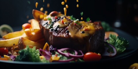 Naklejka na ściany i meble Leckeres saftiges Steak mit Pommes angerichtet und serviert nahaufnahme, ai generativ