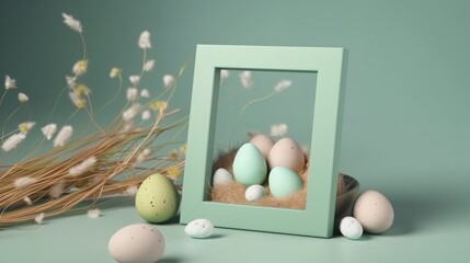 Mockup frame with spring and eggs decorations for easter celebration in april. Generative ai