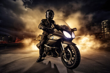 Fototapeta na wymiar Night Motorcycle rider, poster for movie scene , ai generative