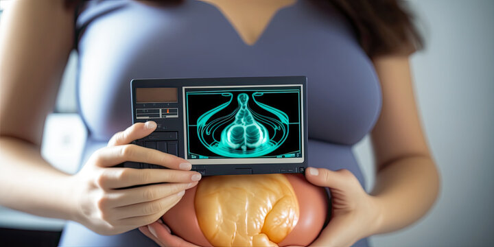 A close-up photograph of a pregnant woman holding an ultrasound image of her baby - Generative AI
