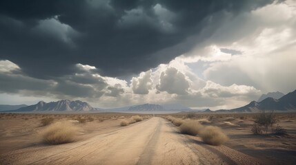 Fototapeta na wymiar Gravel road with stormy sky, en route to the Namibia desert. Generative ai