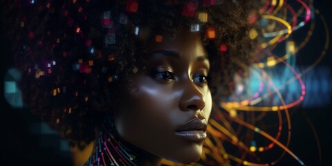 H&uuml;bsche Afroamerikanische Frau Gesicht mit Kopfschmuck Nahaufnahme Portr&auml;t, ai generativ