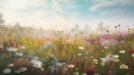 Beautiful meadow in spring - meadow flowers bathed in the spring sunlight. Generative ai