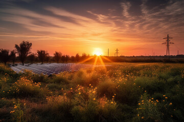 Fototapeta na wymiar Beautiful sunset over Solar Farm with sunset in the background