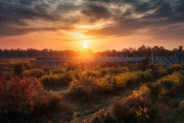 Beautiful sunset over Solar Farm with sunset in the background