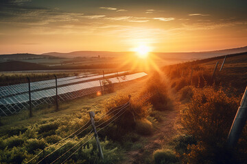Beautiful sunset over Solar Farm with sunset in the background