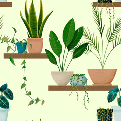 Shelf with a lot of tropical plants. Home decor. Seamless pattern exotic flowerpot