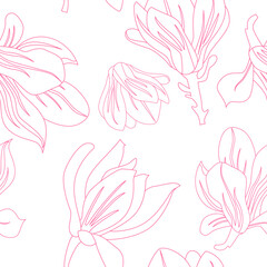 Vector Seamless Floral Pattern with Magnolia Flowers. Line Art Illustration.