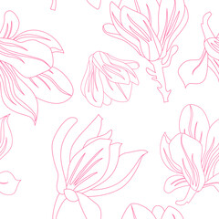 Vector Seamless Floral Pattern with Magnolia Flowers. Line Art Illustration. © Viktoriia