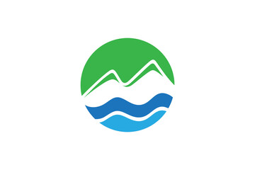 mountain natural landscape and water waves flat logo design