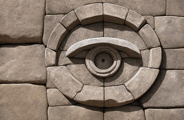 Fantasy stone wall with the eye of a deity. Abstract background with old stone polygonal masonry. Generative AI