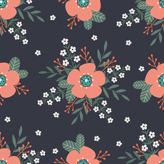 Fototapeta na wymiar Seamless pattern with hand drawn flowers and branch with leaves