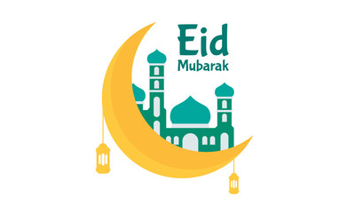 Eid Mubarak greeting card with flat landscape illustration of mosque silhouette an moon, Eid Al Adha banner suitable for social media post template, banner