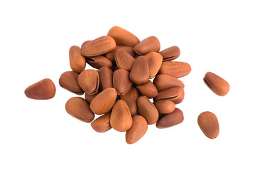 Pine nuts on white background. Pine nuts in shell