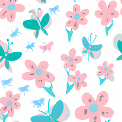Fototapeta na wymiar Cute pink artistic flowers and butterflies pattern. Modern graphic style print