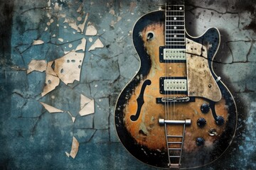 Fototapeta premium an antique guitar resting on a weathered brick wall. Generative AI