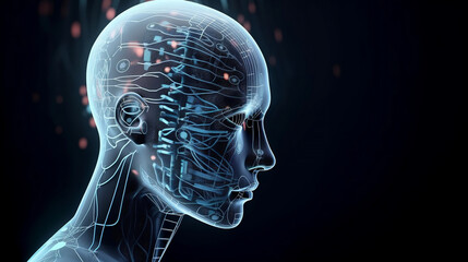 Abstract digital human face. Artificial intelligence concept of big data or cyber security. Generative AI.
