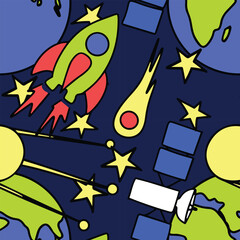 Space pattern with earth, rocket and satellite. Vector illustration. 