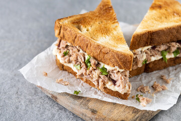 Tuna sandwich with mayo and vegetables on gray stone background.