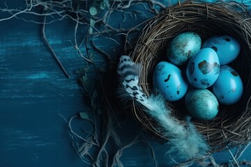 Birds Nest with Blue Eggs and Feathers. Generative AI