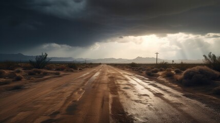 Fototapeta na wymiar Gravel road with stormy sky, en route to the Namibia desert. Generative ai