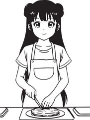 Coloring page cooking girl kawaii style cute anime cartoon drawing illustration vector manga
