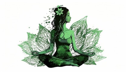 Fototapeta na wymiar 21 June- international yoga day, green woman in lotus yoga pose, Generative ai