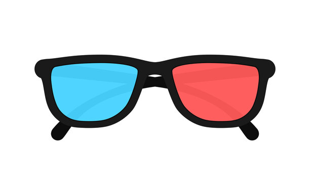 3d glasses isolated on background. Three-dimensional plastic glasses with red and blue lenses. Eyeglasses for 3d illusion in movie, films and images