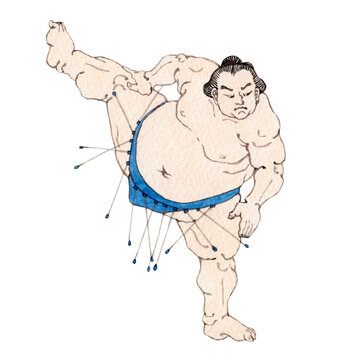 浮世絵風の四股を踏む力士　相撲 横綱　水彩 イラスト