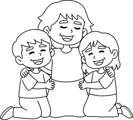 Mother Hugging the Children Isolated Coloring Page
