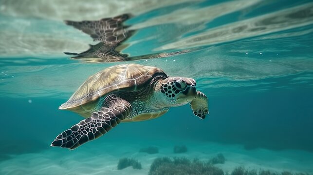 Wasserschildkr&ouml;te in blauem Wasser, generative AI