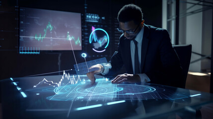 Concept of business and industry growth trends in 2023. Businessman planning market growth in 2023 on desk with virtual hologram chart. economic growth strategy, diversification. Generative AI.