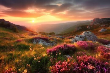 Fototapeta na wymiar colorful sunset over a mountain range with blooming wildflowers in the foreground. Generative AI