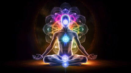 Concept of meditation and spiritual practice, expanding of consciousness, chakras and astral body activation, mystical inspiration image, generative ai