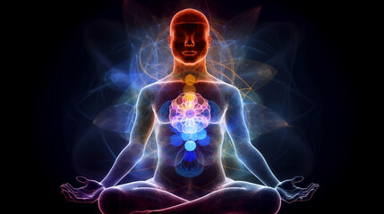 Concept of meditation and spiritual practice, expanding of consciousness, chakras and astral body activation, mystical inspiration image. Generative AI.