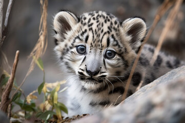 Fototapeta na wymiar Cute snow leopard cub. Snow leopard baby portrait. digital ai art
