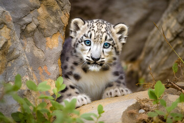 Naklejka premium Cute snow leopard cub. Snow leopard baby portrait. digital ai art