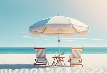 Beautiful tranquil white sand beach with two beach chair and  umbrella generative AI