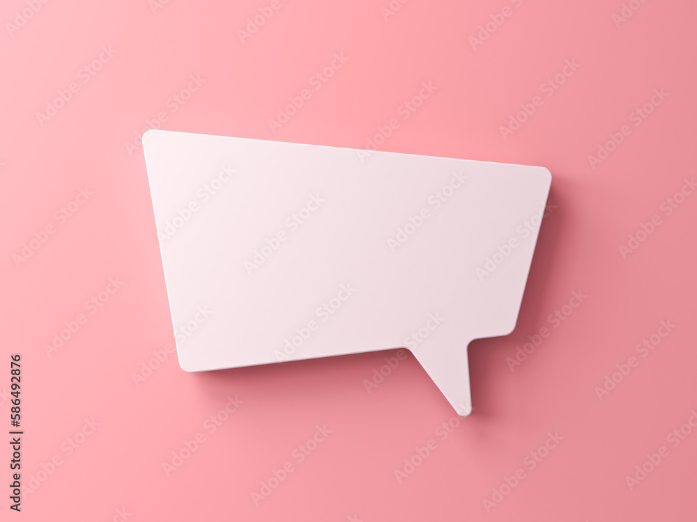 Poster Blank 3d white trapezoid shape speech bubble social media notification isolated on light pink orange pastel color wall background with shadow minimal conceptual 3D rendering
