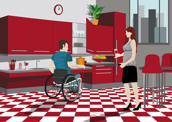 Un couple faisant la cuisine. Un homme handicapé faisant la cuisine chez lui avec un mobilier adapté à son handicap. - obrazy, fototapety, plakaty